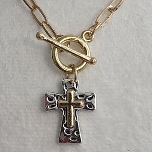 Two Tone Cross Paper Clip Pendant Necklace